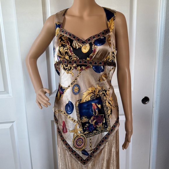 Cache Tops - 🐠🪸VINTAGE 90s Cache 🐚 SILK tan handkerchief hem Halter Top with Nautical Print M